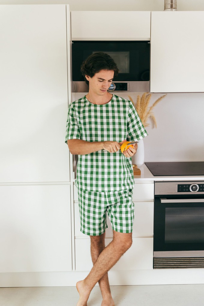 Linen shorts pyjama set BILLY in Green Gingham from AmourLinen