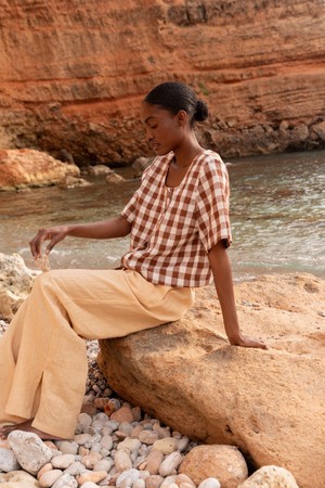 Leah wide linen pants with slits XS Mustard from AmourLinen