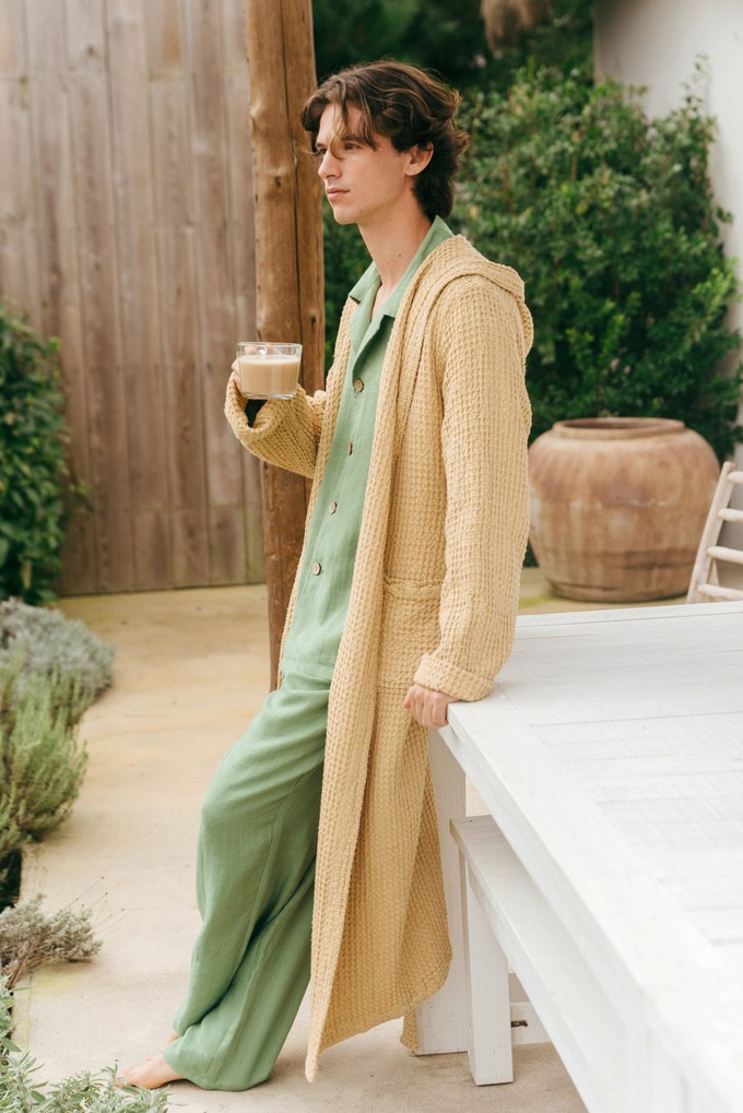 Men's waffle linen bathrobe in Mustard from AmourLinen