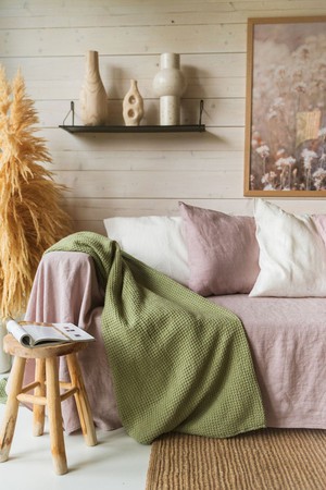 Linen waffle blanket in Moss Green from AmourLinen