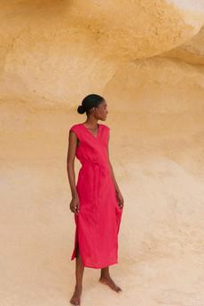 Aurora mid-length linen dress in Viva Magenta via AmourLinen