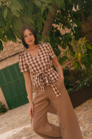 ELISA wrap linen top in Mocha Gingham from AmourLinen