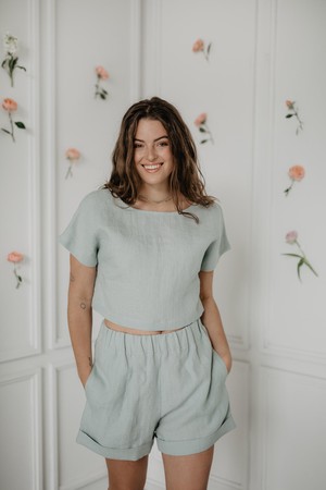 Linen crop top with buttons LISA in Sage Green from AmourLinen