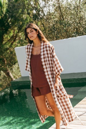 Linen bathrobe Midnight in Mocha Gingham from AmourLinen