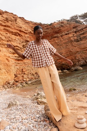 Leah wide linen pants with slits XS Mustard from AmourLinen