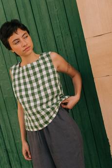 Lucia classic sleeveless linen top M Green Gingham via AmourLinen