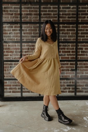 LAPLAND mid-length linen dress in Mustard from AmourLinen