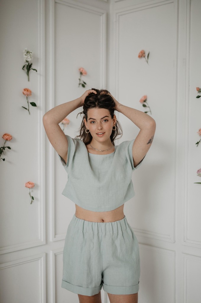 Linen crop top with buttons LISA in Sage Green from AmourLinen