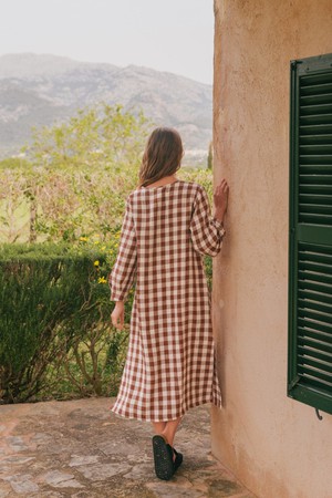 AMALIA long-length linen dress in Mocha Gingham from AmourLinen