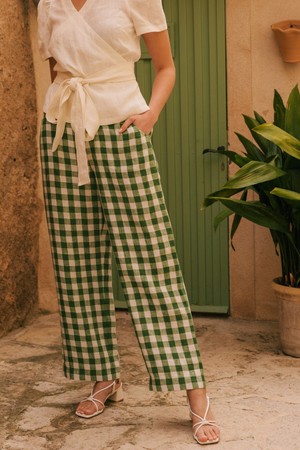 BARBORA straight linen pants in Green Gingham from AmourLinen