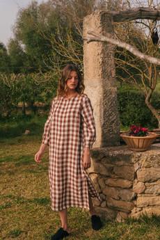 AMALIA long-length linen dress in Mocha Gingham via AmourLinen