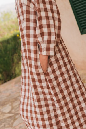 Amalia long-length linen dress L Mocha Gingham from AmourLinen