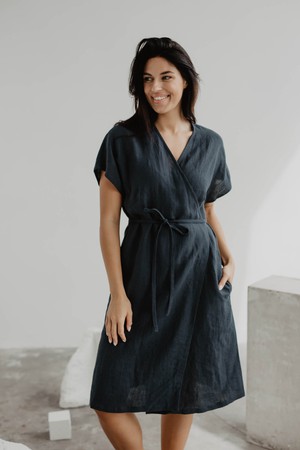 Linen wrap dress OLIVIA XL Charcoal from AmourLinen