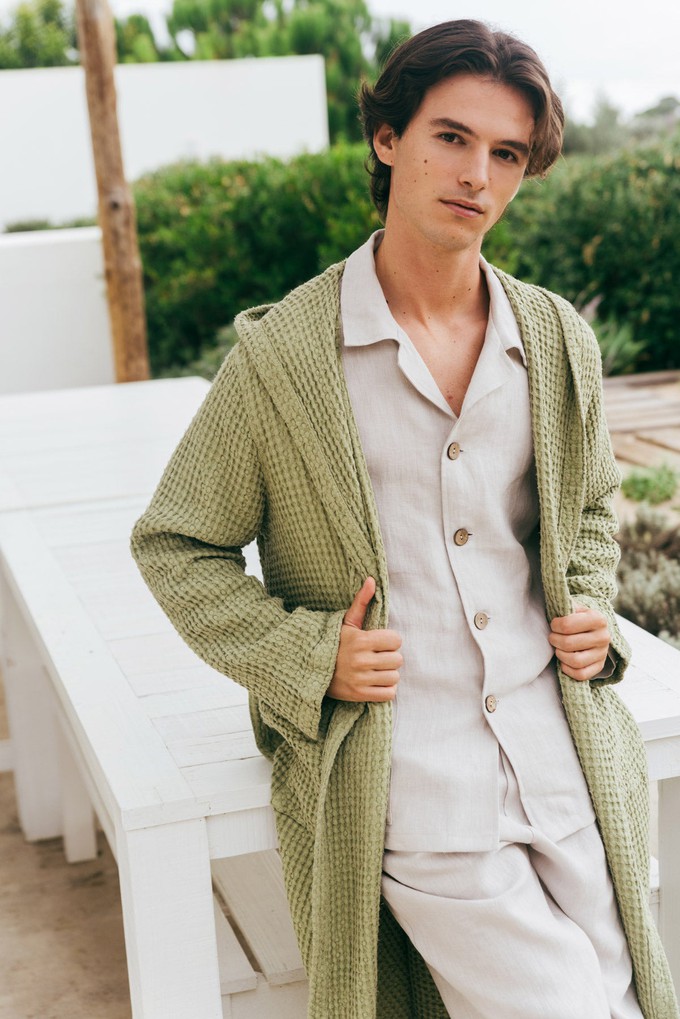 Men's waffle linen bathrobe in Moss Green from AmourLinen