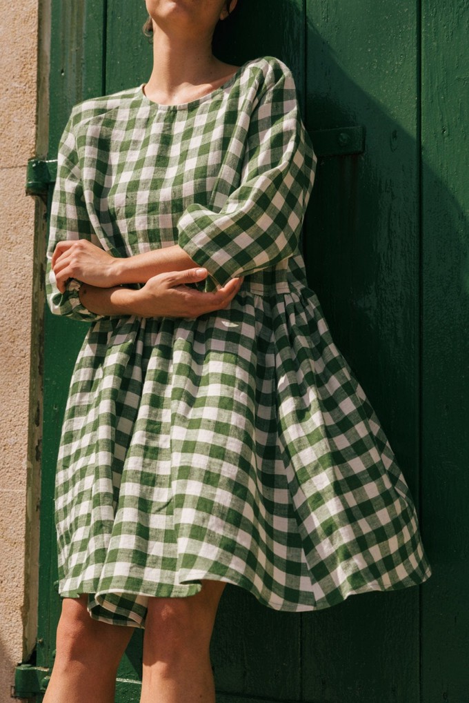 Sofia midi-length linen dress in Green Gingham from AmourLinen