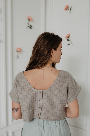 Linen crop top with buttons LISA S Checkered from AmourLinen