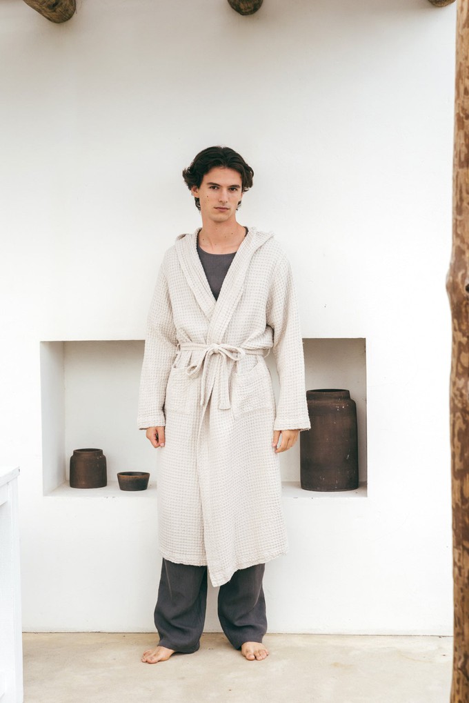 Men's waffle linen bathrobe in Cream from AmourLinen