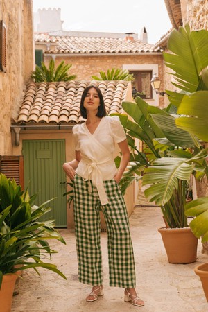 Barbora straight linen pants XXL Green Gingham from AmourLinen