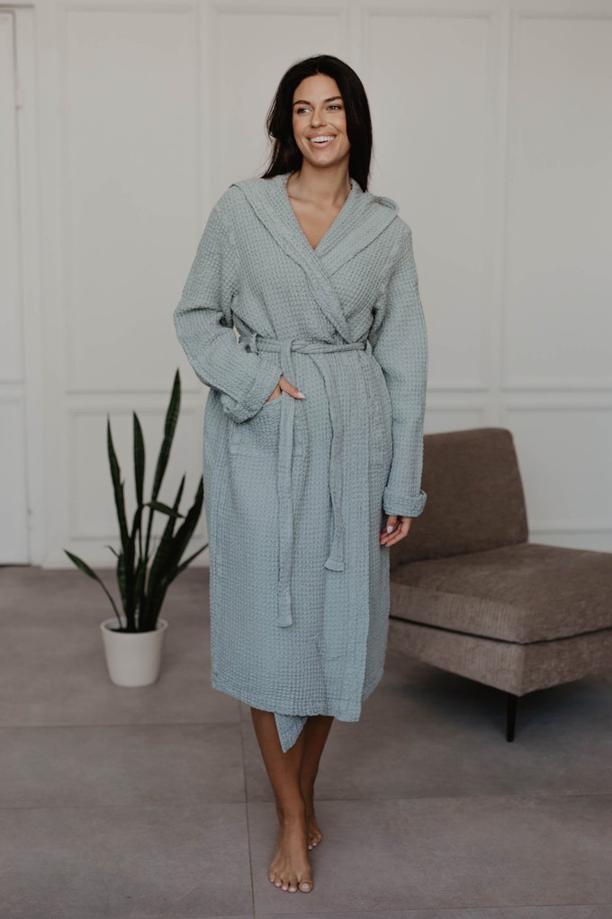 Waffle linen bathrobe Snuggle - Sage Green / Size 1 from AmourLinen