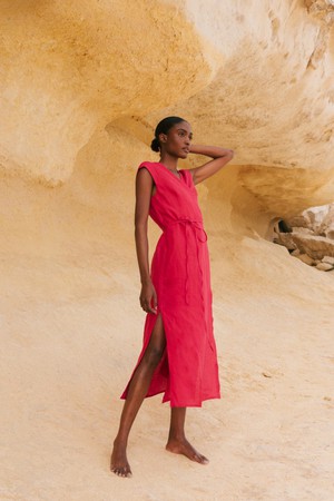 Aurora mid-length linen dress in Mustard from AmourLinen