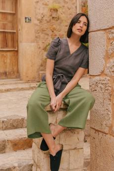 Elisa wrap linen top in Sage Green | sale via AmourLinen