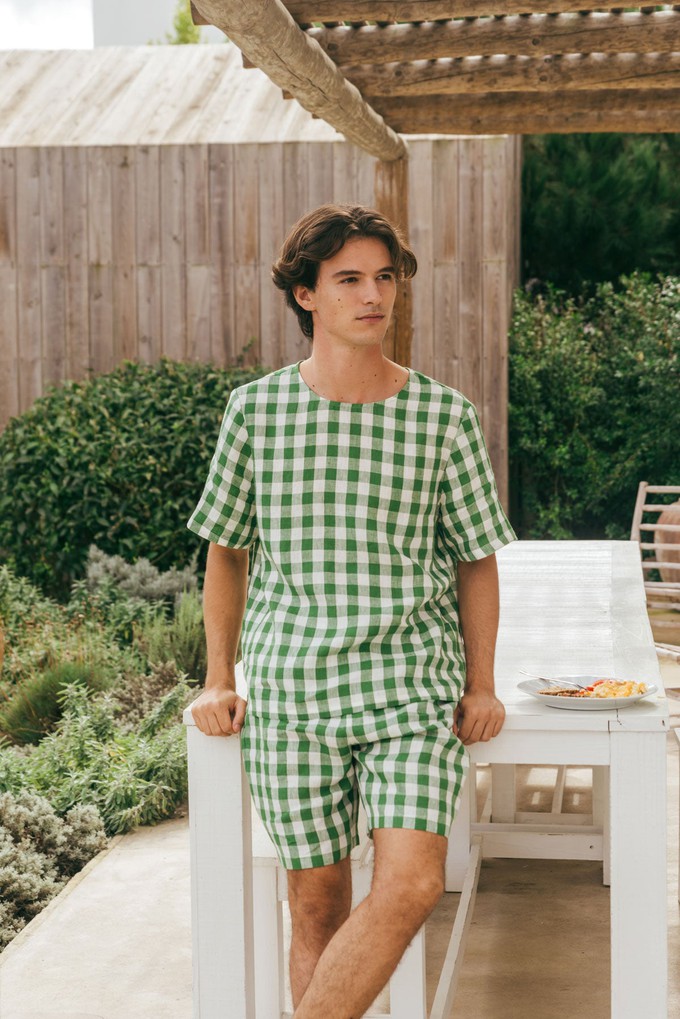 Linen shorts pyjama set BILLY in Green Gingham from AmourLinen