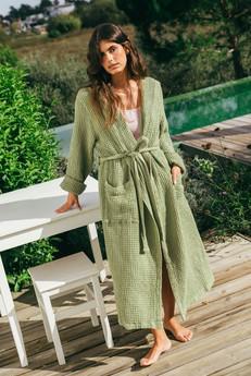 Waffle linen bathrobe SNUGGLE in Moss Green via AmourLinen