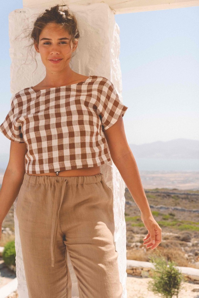 Linen crop top with buttons LISA in Mocha Gingham from AmourLinen