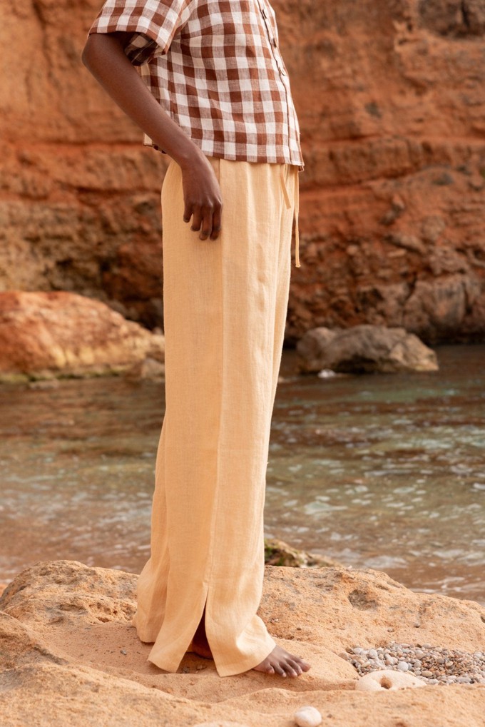 LEAH wide linen pants with slits in Mustard from AmourLinen