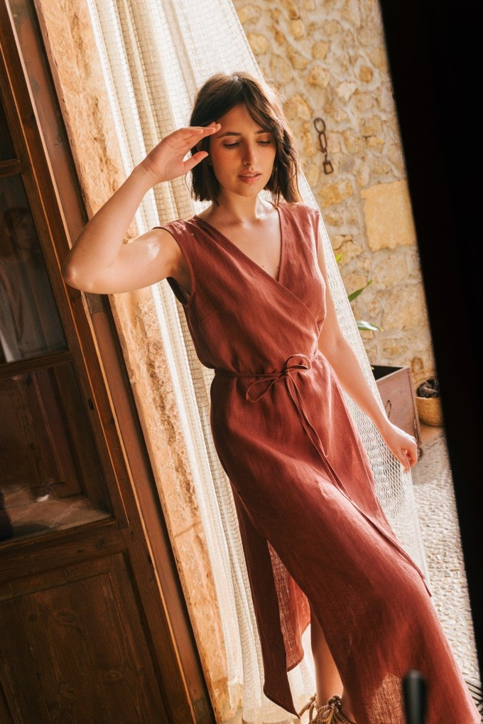 AURORA mid-length linen dress in Terracotta from AmourLinen