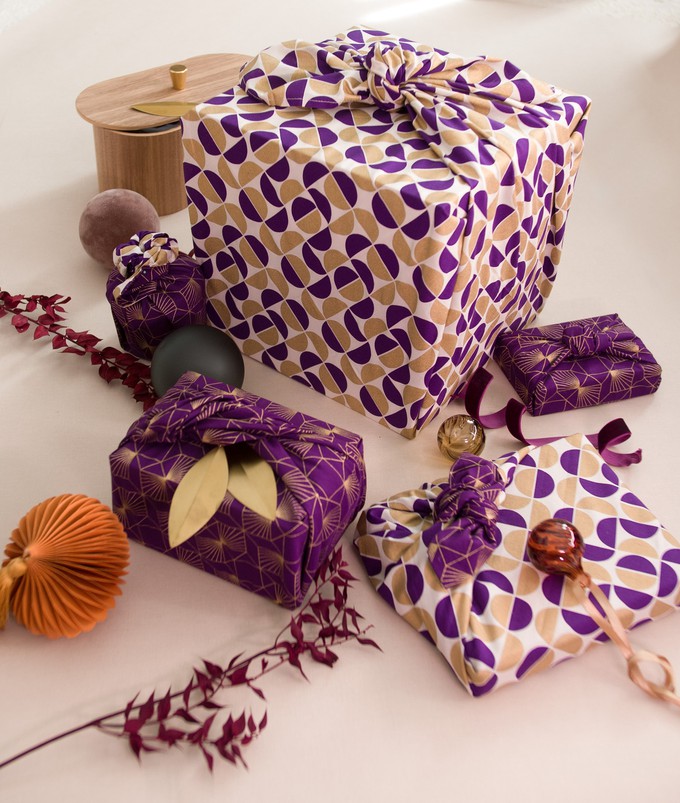 Furoshiki Gift Wrap Gold Moons & Plum Diamonds Fabric Gift Wrap - Double Sided (Reversible) from FabRap