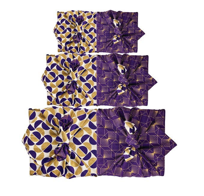 Furoshiki Gift Wrap Gold Moons & Plum Diamonds Fabric Gift Wrap - Double Sided (Reversible) from FabRap