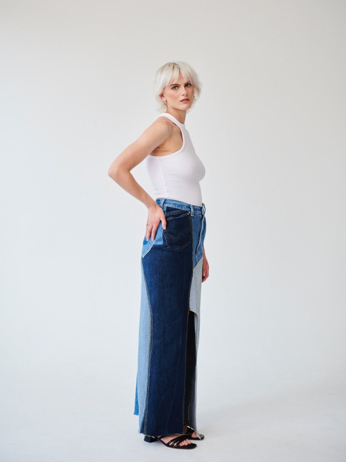 High Waisted Upcycled Patchwork Denim Long Skirt with Slit from Fanfare Label