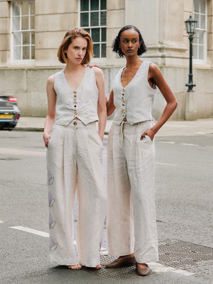 Daphne Floral Linen Waistcoat in Beige from Fanfare Label