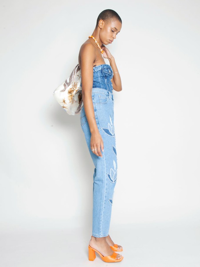 High Waisted Organic Mom Fit Denim Leaf Jeans from Fanfare Label