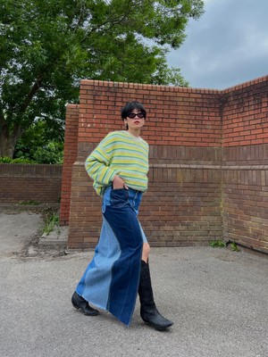 High Waisted Upcycled Patchwork Denim Long Skirt with Slit from Fanfare Label