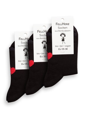 Pack of 3 socks with viscose (made of bamboo cellulose) heart black from FellHerz T-Shirts - bio, fair & vegan