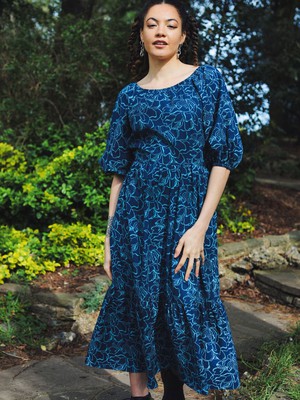 Blue Floral Puff Sleeve Midi Transformation Dress from Jenerous