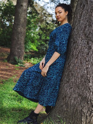 Blue Floral Puff Sleeve Midi Transformation Dress from Jenerous