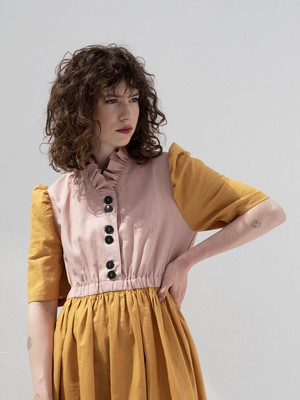 Eleonora Pink Mustard Linen Dress from Masha Maria