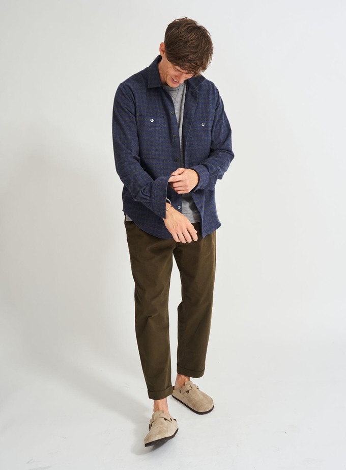 Recycled Italian Flannel Navy & Grey Check Double Pocket shirt from Neem London