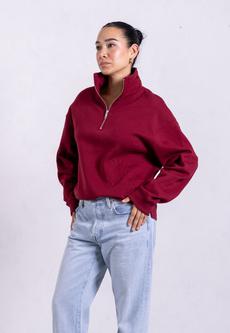 Organic Cotton Quarter Zip Sweatshirt, Ruby Wine via Not Basics