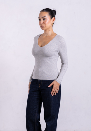 Organic Cotton V-Neck Long Sleeve T-Shirt, Light Grey Marl from Not Basics