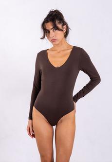 Organic Cotton Long Sleeve V-Neck Bodysuit, Hot Fudge via Not Basics