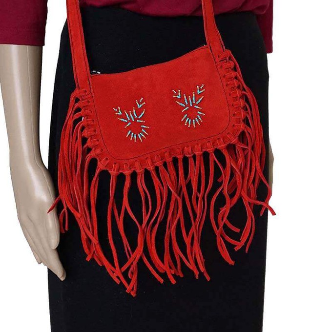 Fringed Red Shoulder Bag - Suede - Handmade in Canada from Quetzal Artisan