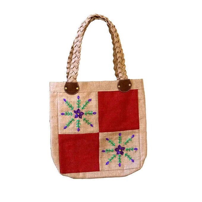 Jute Bag Purple Flowers - Natural Jute - Handmade and Fair from Quetzal Artisan