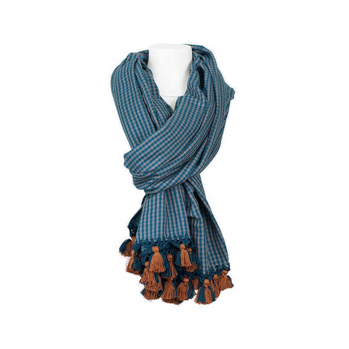 Shawl Blue with Pom poms - Oversized - Elegant and Fairtrade from Quetzal Artisan