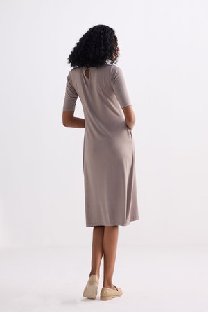 High Crew Neck Elbow Sleeves Fitted Dress in Dusty Brown from Reistor