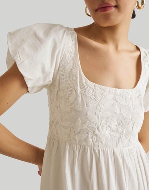 Puff Sleeve Embroidered Tiered Dress in White from Reistor