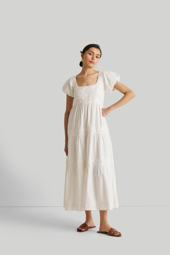 Puff Sleeve Embroidered Tiered Dress in White from Reistor